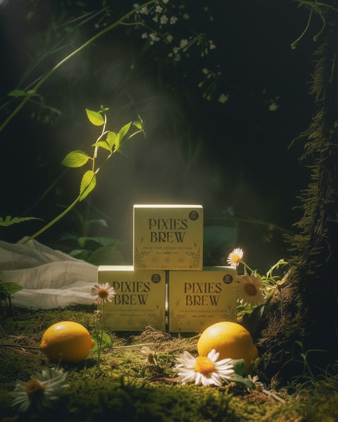 Three boxes of Pixies Brew Pour Over Coffee stacked on a lush mossy forest floor, illuminated by a single dramatic sunbeam. The yellow packaging is surrounded by fresh lemons, white daisies, and ferns in a moody, dark cottage core setting