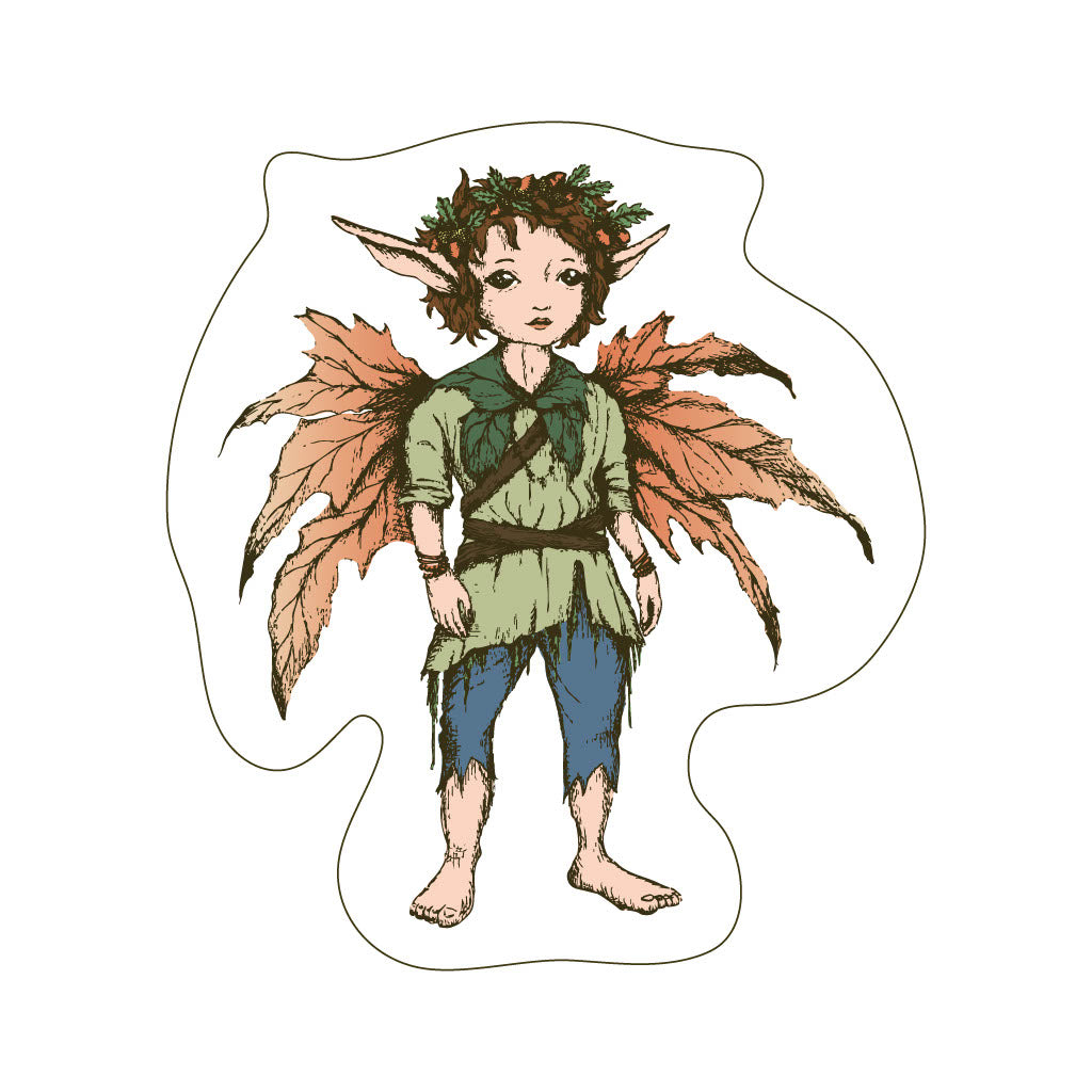 A die-cut sticker featuring an illustration of a fantasy elf character with pointed ears, a leafy crown, and large orange-brown leaf wings, shown on a plain white background.