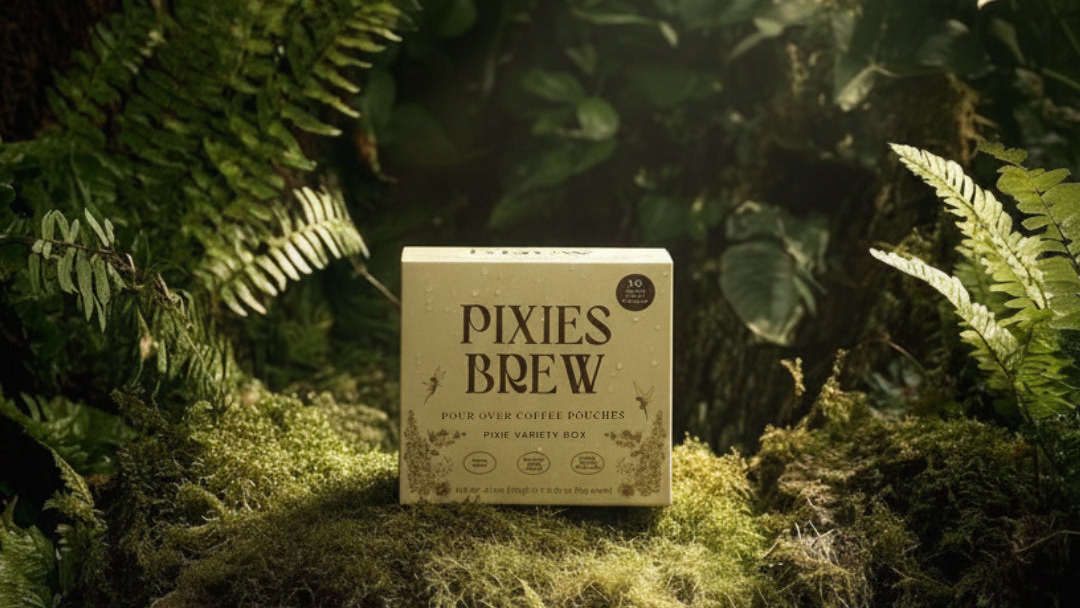 Box labeled 'Pixies Brew' surrounded by green foliage