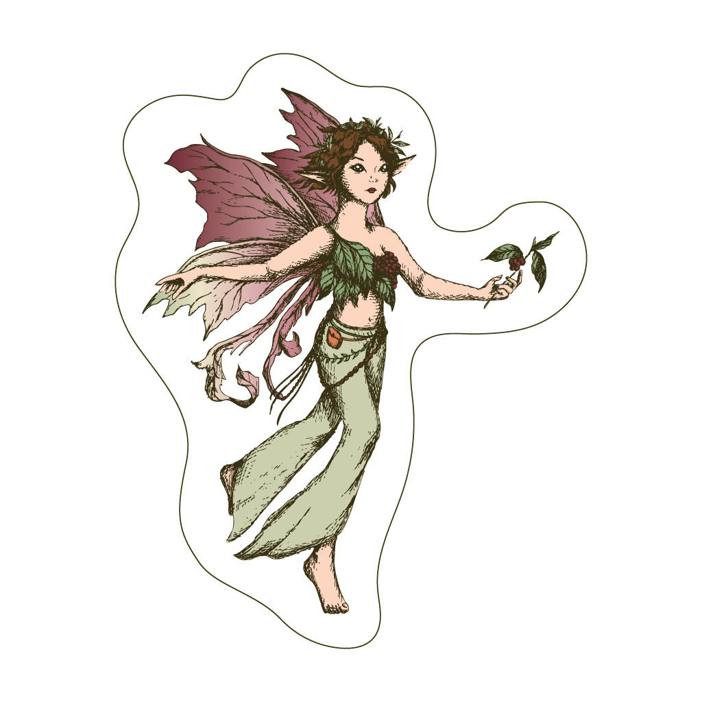 A die-cut sticker featuring an illustration of a female fairy with brown hair, green leafy clothing, and pinkish-purple wings, holding a small green sprig, set against a plain white background.