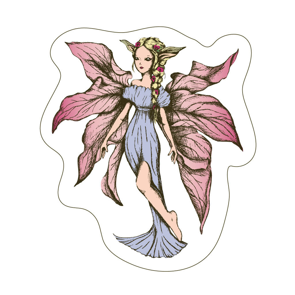 A die-cut sticker featuring an illustration of a fantasy fairy with large pink wings, a blue dress, and a floral braid, shown on a plain white background.