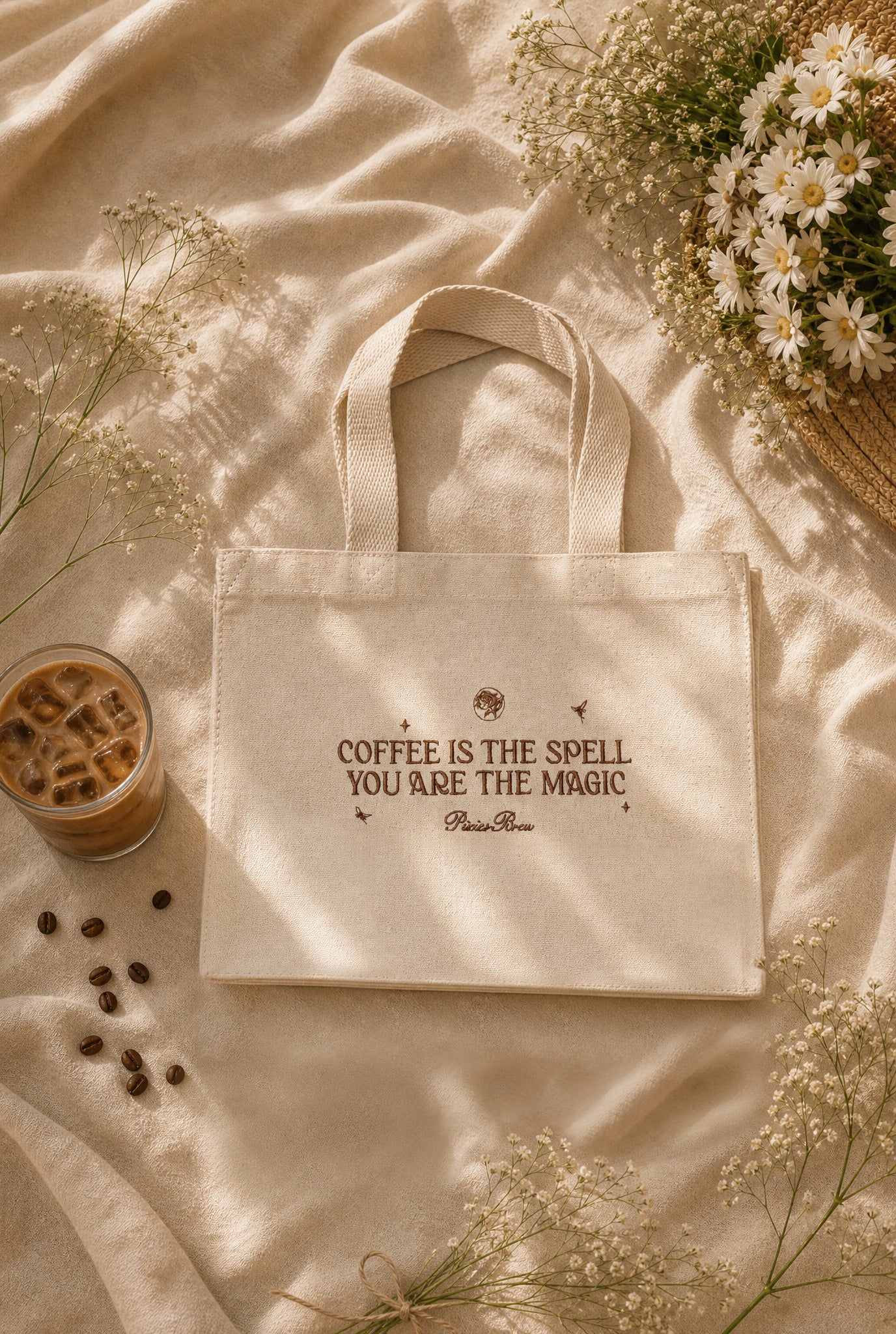 A cream canvas tote bag with brown printed text reading 'COFFEE IS THE SPELL YOU ARE THE MAGIC' and 'PeachBlossom' below, styled on a beige satin fabric with flowers, coffee beans, and an iced coffee glass.