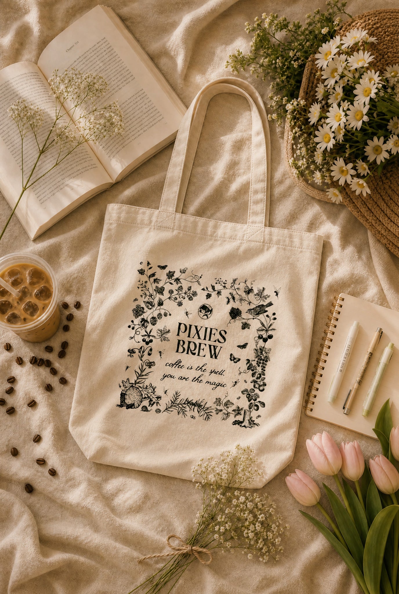 A cream canvas tote bag with a black floral graphic and the text 'PIXIES BREW coffee is the key you use the magic' lies on a beige fabric surface surrounded by styled props including an open book, flowers, a cup of iced coffee, and a notebook.