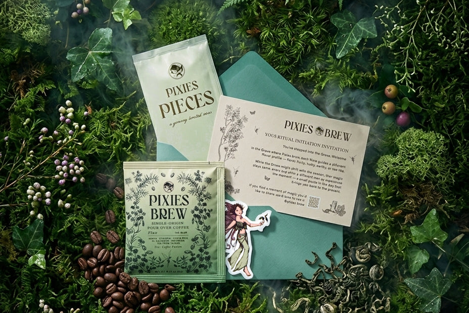 Pixie's Brew products on a bed of greenery