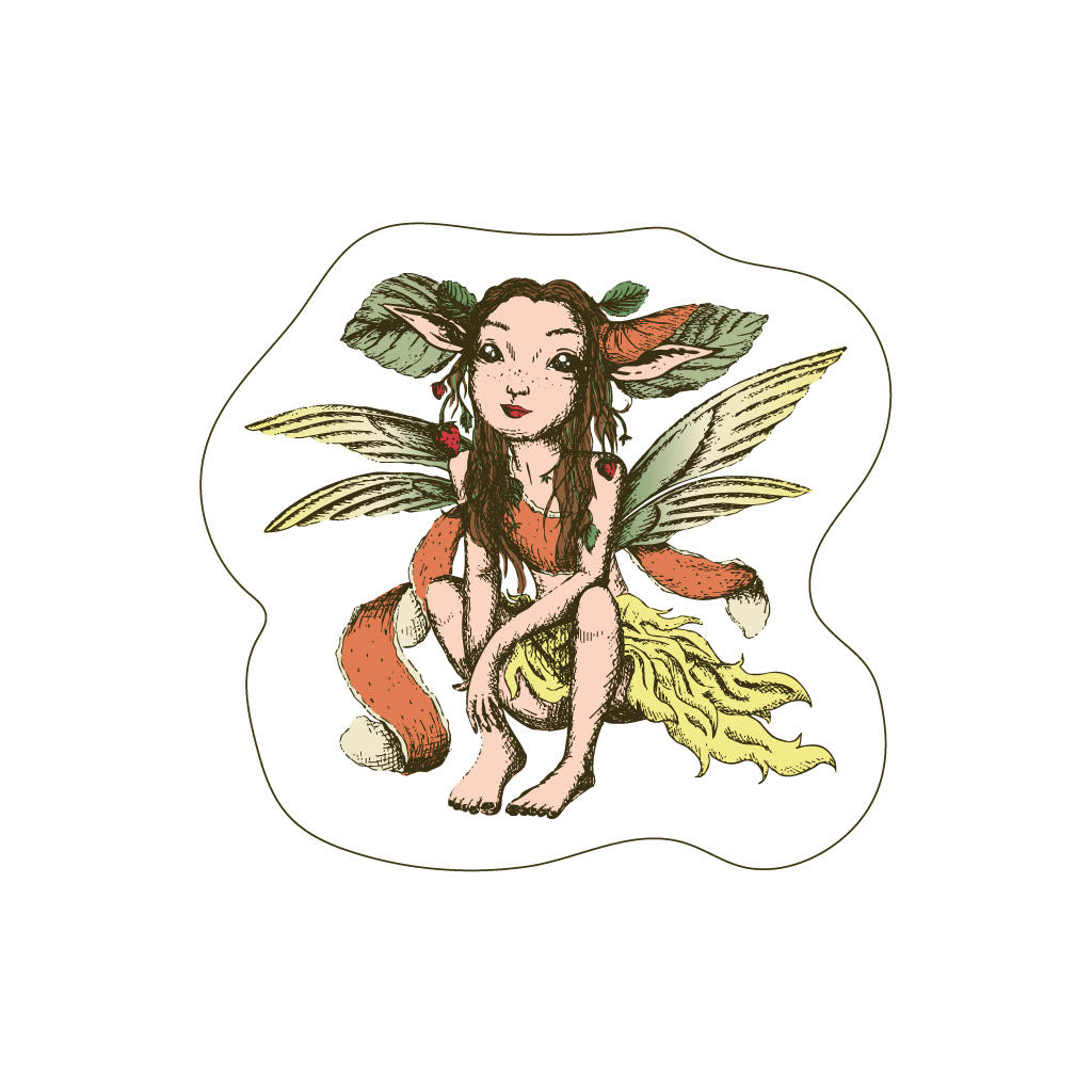 A die-cut sticker featuring an illustration of a fantasy fairy with green wings, a yellow skirt, and a fox tail, shown on a plain white background.
