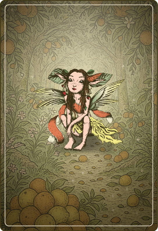 Vintage-style color illustration of a crouching pixie with large ears and leafy wings, surrounded by an orchard of orange trees and scattered fruit