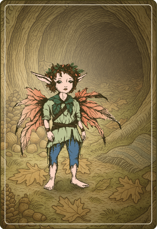 Vintage-style color illustration of a small standing pixie with orange autumn-leaf wings and a leafy crown, positioned inside a hollow log tunnel scattered with fallen leaves and pinecones