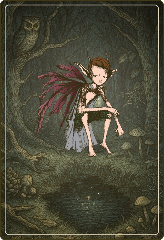 Vintage-style color illustration of a crouching horned pixie with dark red wings in a forest setting, gazing into a sparkling pool of water while an owl watches from a branch