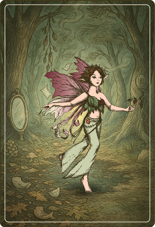Vintage-style color illustration of a pixie with pink wings and leafy clothing walking in a forest glade, featuring a standing oval mirror and hanging seed pods