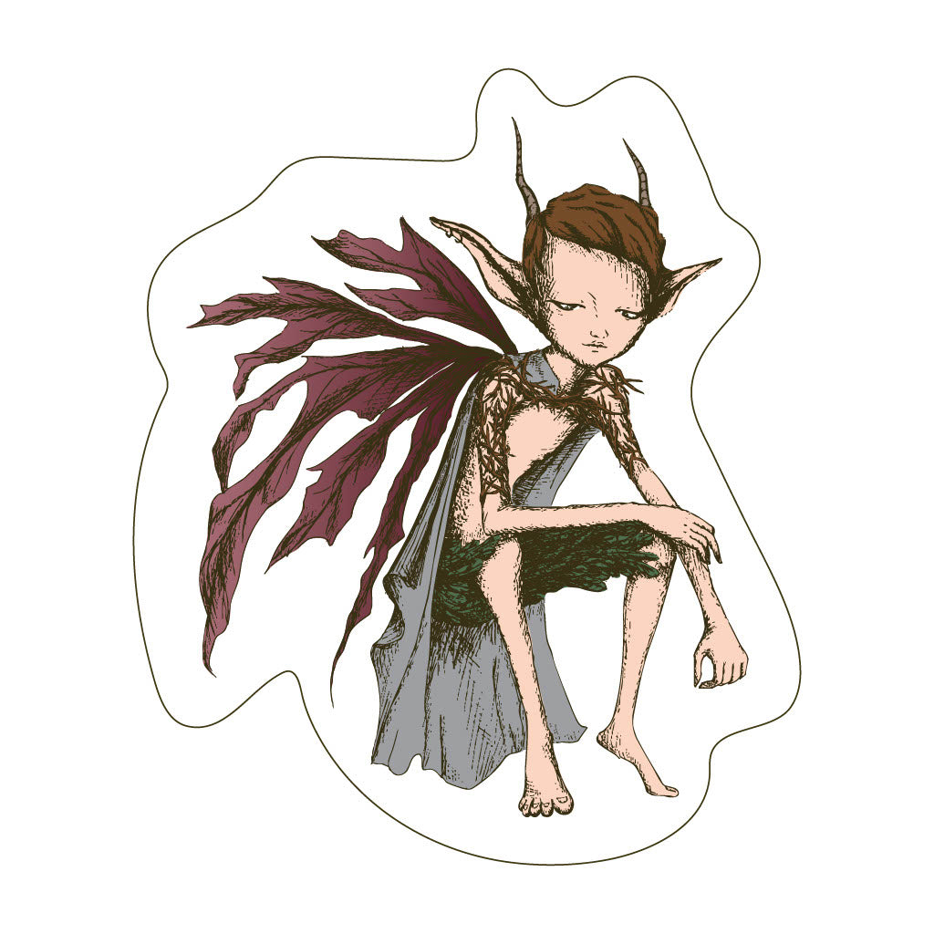 A die-cut sticker featuring an illustration of a fantasy fairy with pointed ears, brown hair, a gray dress, and large dark burgundy leaf-like wings, shown on a plain white background.