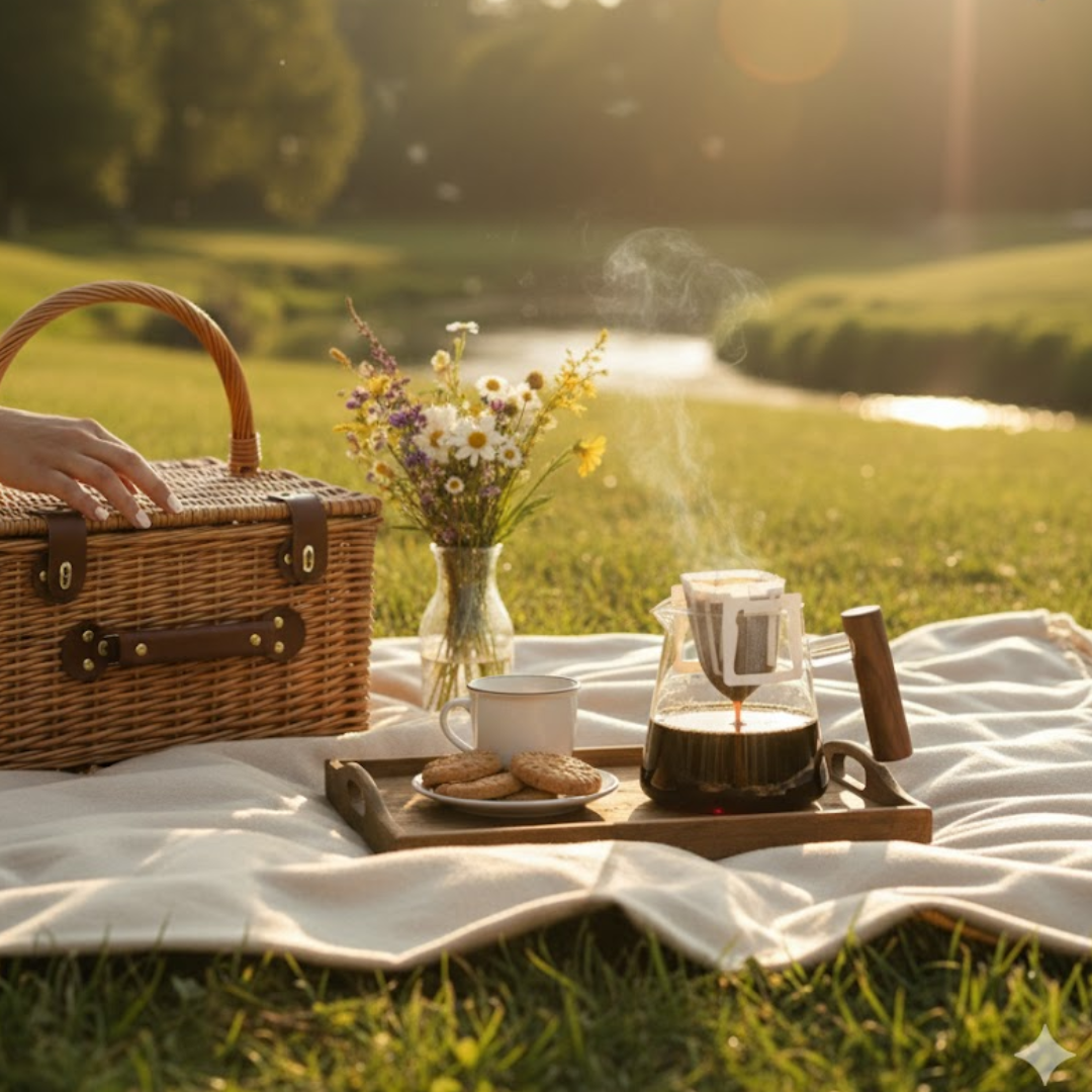 A serene golden-hour picnic setup featuring a single-serve pour-over coffee drip bag brewing into a glass server. Steam rises from the fresh coffee on a white blanket, accompanied by a wicker basket, wildflowers, and cookies near a sunny riverbank, showcasing a slow living outdoor ritual